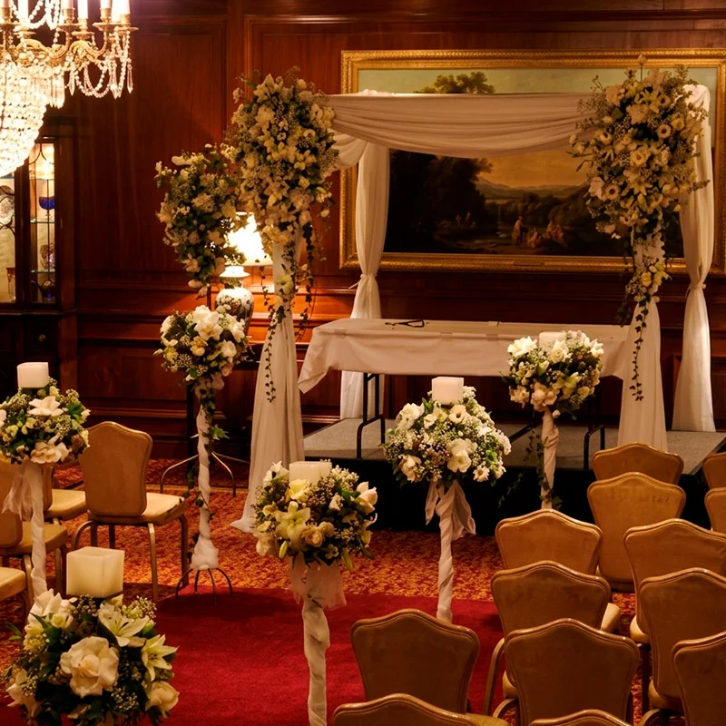 Jupá tradicional con tela drapeada y flores blancas